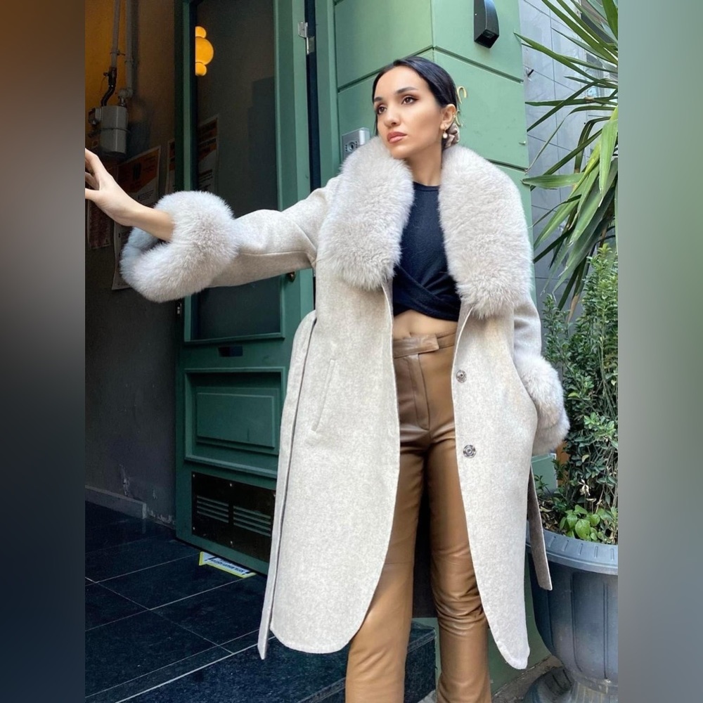 Alpacan jacket & fox fur collar.Fox Fur Coat Women/Long Coats /Fur jacket Womens